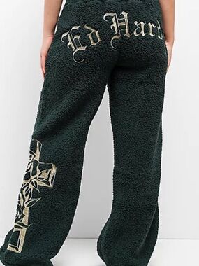 Ed Hardy Emerald Green Sherpa Fleece Logo Pants with Cross Embroidery